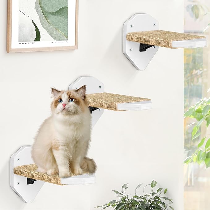 3-Pcs Cat Shelves Wall Mounted, Cat Wall Shelves Climbing Steps, Cat Shelves and Perches for Wall, Cat Wall Furniture with Sisal Rope, Cat Climbing Shelves Cat Wall Steps for Indoor Kitty, Cats(White)