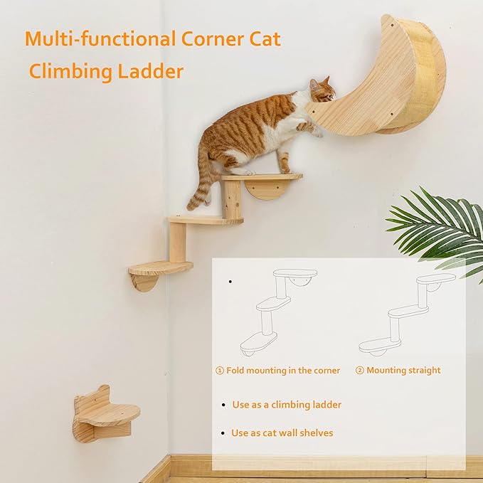 Cat Shelf for Wall Mount Hammock with 3-Levels Climbing Ladder and Shelves Moon Cats Wall Furniture for Activity Indoor Kitty (3-Levels Steps)