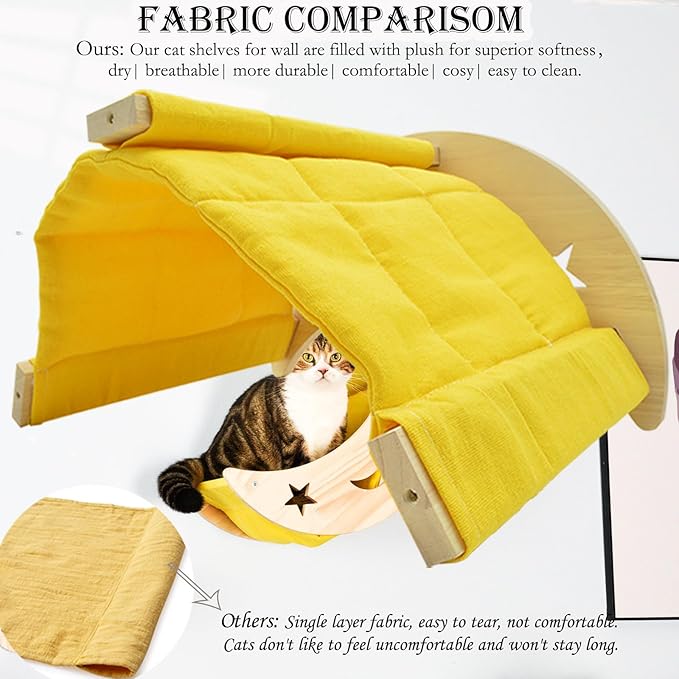 Cat Hammock Moon Bed Wall Mounted Shelf Cat Wall Shelves and Perches Solid Wood Cat Wall Furniture Cats Wall Bed for Cats and Kitty Easy Installation-Single Moon