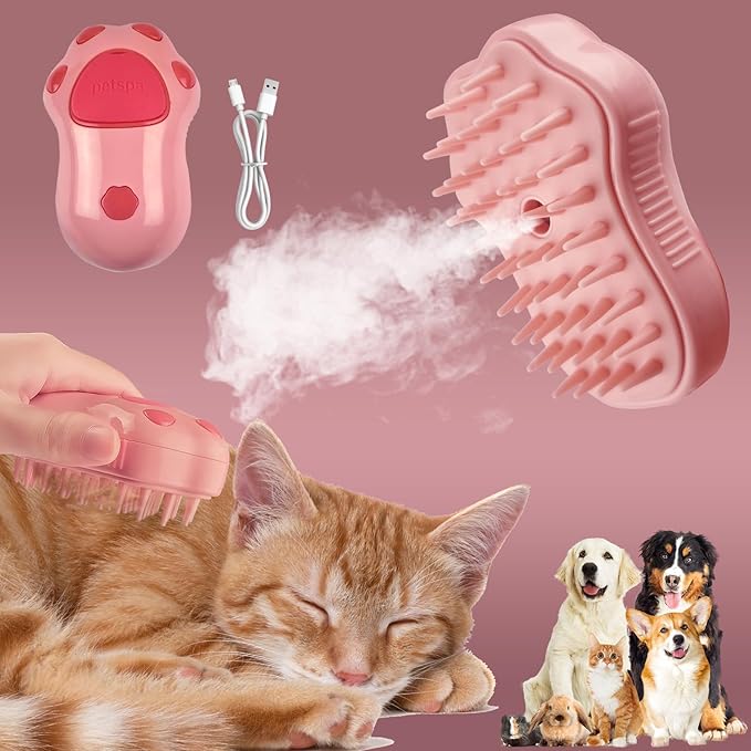 3in1 Cat Steam Brush,Multifunctional Rechargeable Cute Steamy Pet Brush for Short Or Long Hair Cats/Dogs To Massage/Clean/Eliminate Flying&Tangled Hair With USB Cable-Pink Cat Paw