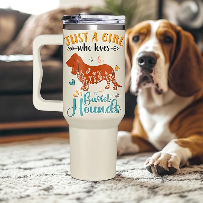 Basset Hound Gifts for Girls & Women, Christmas and Mother's Day Gifts for Basset Hound Lovers, Birthday Present Idea for Dog Owners, Dog Mom 40oz Tumbler with Handle & Straw