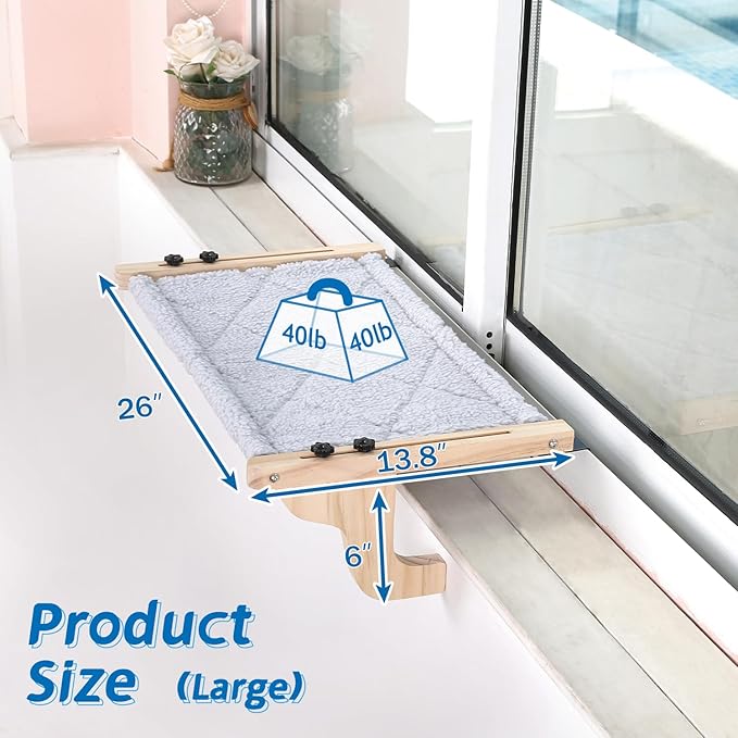 Easy Seat Cat Perch for Window Sill - Hammock Design w/Pine Wood & Robust Metal Frame - Cat Window Seat for Large Cats and Kittens (Natural Color Wood w/Gray Bed, Large (26''W x 14''D))