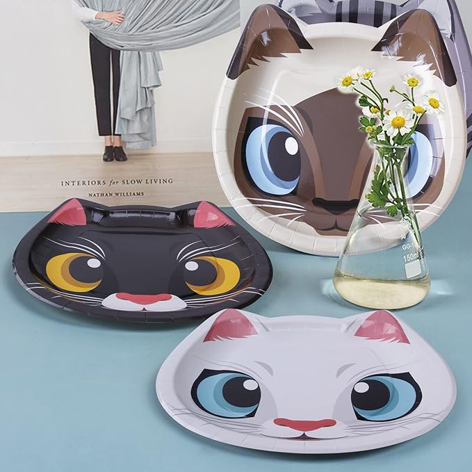 24 Pcs Cat Shaped Dinner Plates - Cat Themed Party Tableware for Birthday, Baby Shower, Kitten Theme Party Supplies