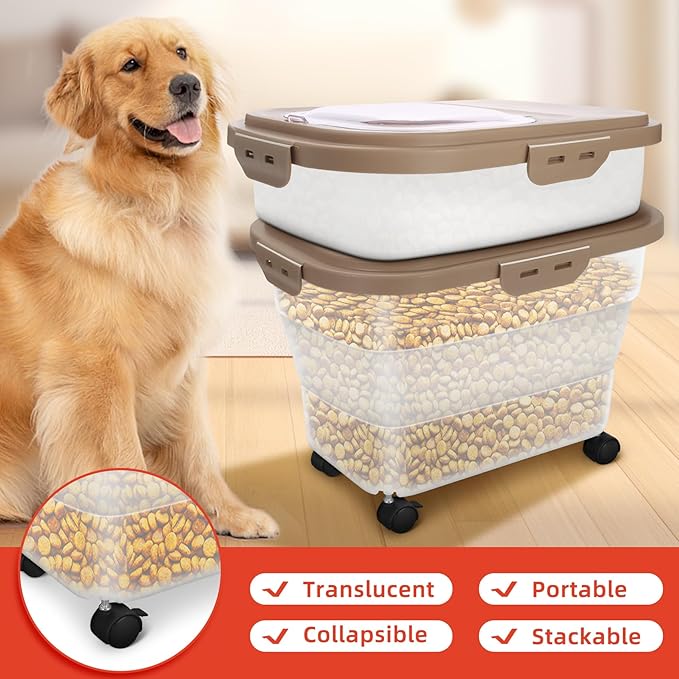 Airtight Pet Food Container, Collapsible Dog Food Storage Container 15-20 lb with Castors, Plastic Dog Food Bin with Pet Food Scoop & Measuring Cup for Dry Food Storage