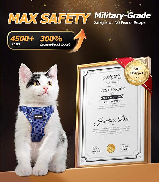 Halypet Cat Harness and Leash Set [H500 Pro Escape Proof Cat Harness for Walking, Adjustable Breathable Soft Travel Cat Leash, Reflective Strips Kitten Harness
