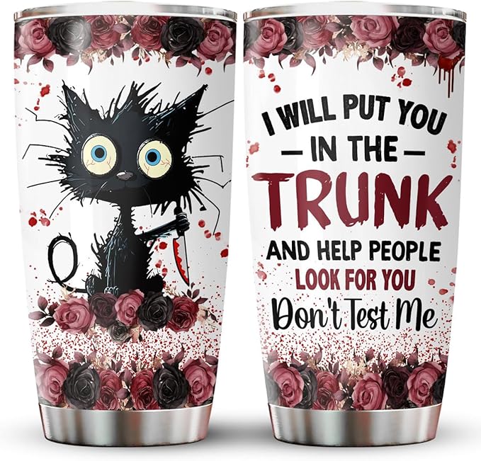 34HD Crazy Cat Tumbler with Lid, 20 oz Stainless Steel Vacuum Insulated Put You In The Trunk Mug, Funny Gifts for Cat Lover Women Men, Black Kitty Gifts for Birthday Halloween Christmas