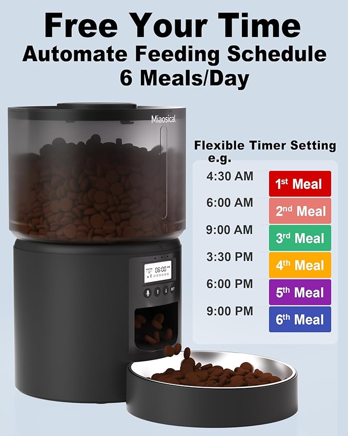 Automatic Cat Feeder Flexible Schedule Timer,6 Meals/Day,1-12 Portions/Meal,Dual Power Auto Feeder Dry Food Dispenser,10S Voice Record,for Cats & Small Dogs (Black,5.2L Stainless Steel Bowl)