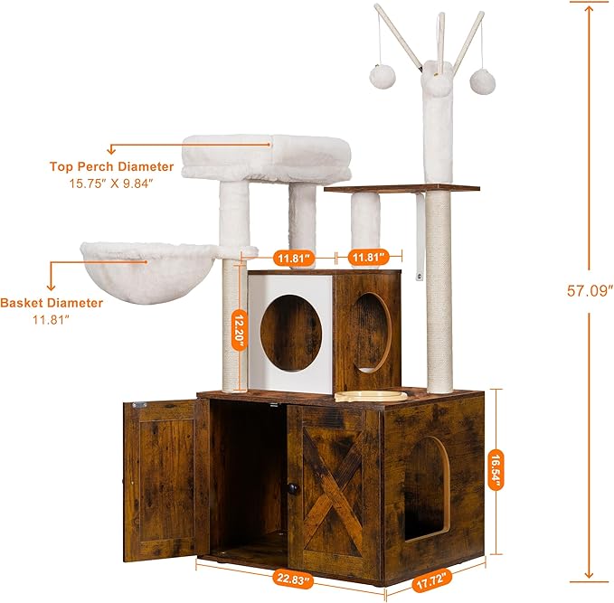 Heybly Cat Tree, Wood Litter Box Enclosure with Food Station, All-in-one Indoor Cat Furniture with Large Platform and Condo, Modern Style Cat Tower, Hammock, Rustic Brown HCT102SR