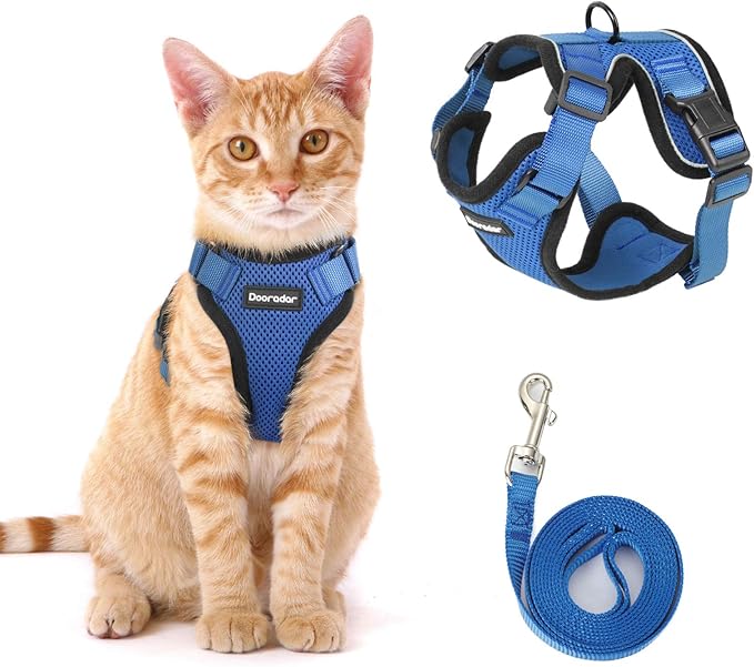 Dooradar Cat Harness and Leash Set, Escape Proof Safe Adjustable Kitten Vest Harnesses for Walking, Easy Control Soft Breathable Mesh Jacket with Reflective Strips for Cats, Blue, S