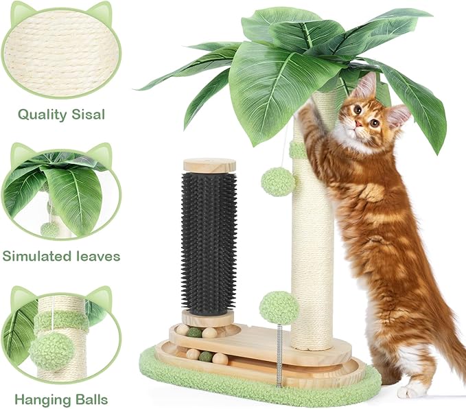 Cat Scratching Post, 29" Tall Cat Scratcher Post with Cat Self Groomer, Dangling Plush Balls, 5-in-1 Interactive Trackball Cat Toys for Indoor Cats with 2 Layer Tracks 6 Spinning Balls Sisal Cat Tree