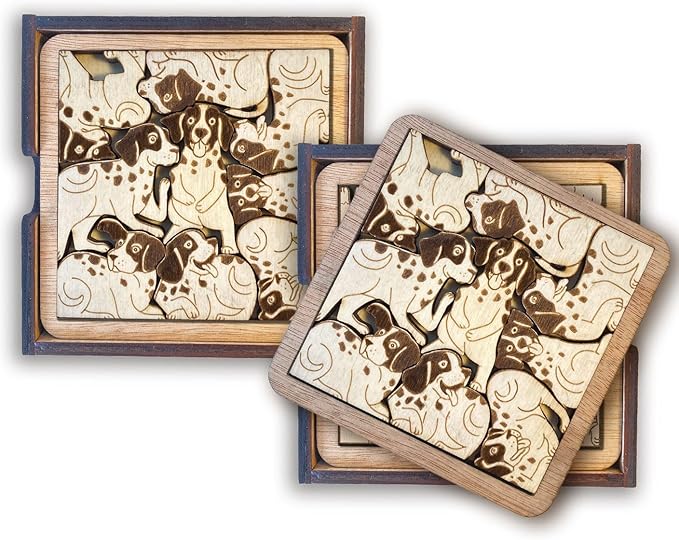 02 German Shorthaired Pointer Dog Coaster - GSP Dog Puzzle Wooden Coaster Set - Interlocking Jigsaw Drink Mats with Laser-Cut Design for German Shorthaired Pointer Lovers