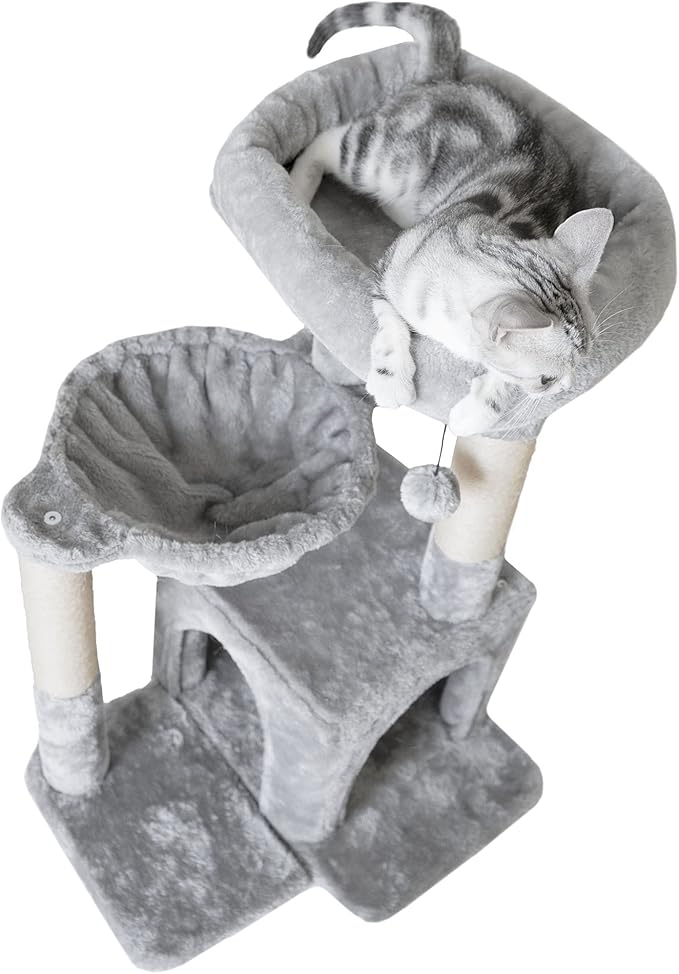 Pesofer Cat Tree, Small Cat Tower with Sisal Scratching Post and Hammock Light Gray