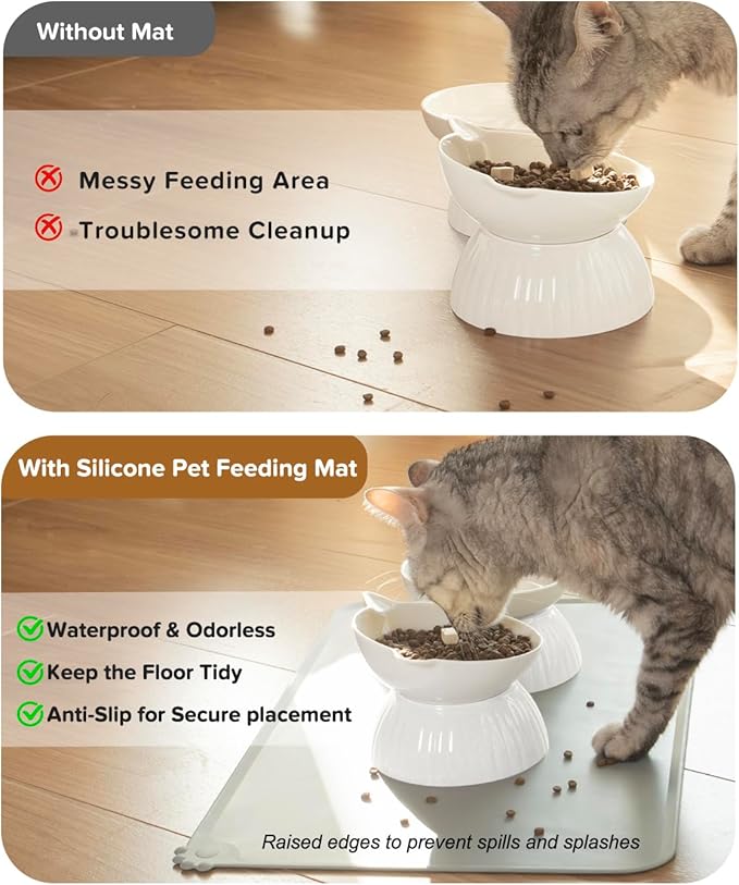 2 Ceramic Raised Cat Food Bowls, Elevated Cat Food and Water Bowl Set, Pet Bowl for Indoor Cats and Small Dogs, Anti-Vomiting Cat Dog Feeder with Plastic Base, Dishwasher Safe (Pure White)