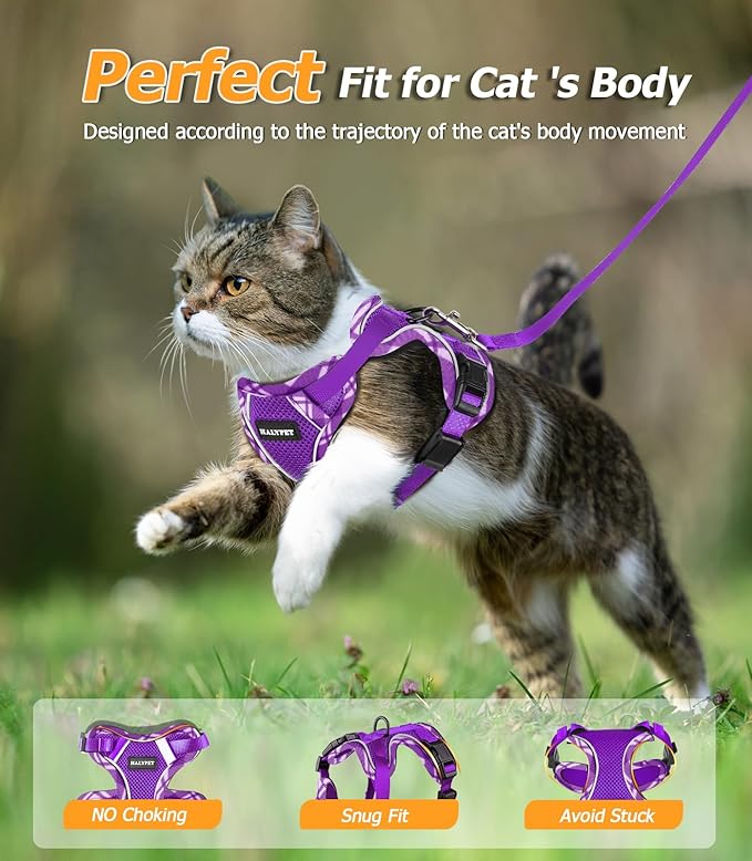 Halypet Cat Harness and Leash Set [H500 Pro Escape Proof Cat Harness for Walking, Adjustable Breathable Soft Travel Cat Leash, Reflective Strips Kitten Harness