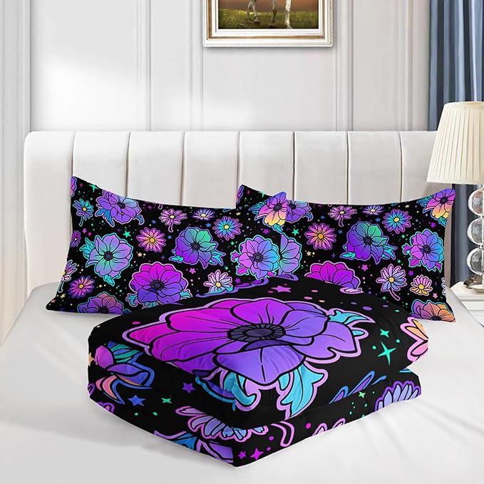 Axolotl Neon Floral Bedding Set Twin,Gradient Floral Comforter Set for Girls,Colorful Flower Bedding Set Stars,Galaxy Series Comforter for Kids Boys Girls Teens Adults,1 Quilt 2 Pillowcases,Black