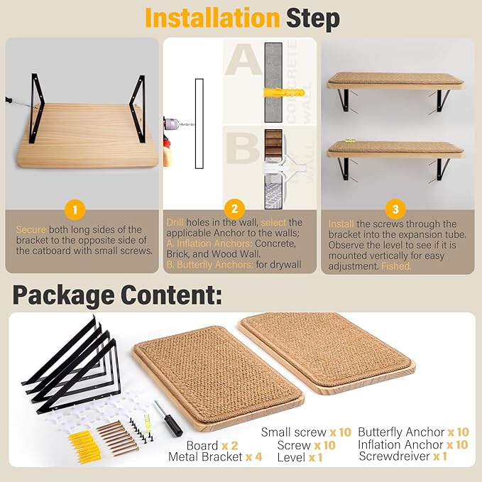 2Pack Wooden Cat Wall Shelves with Sisal Mat,16x9.8 Inch Cat Wall Steps Cat Bed for Sleeping,Scratching and Playing.