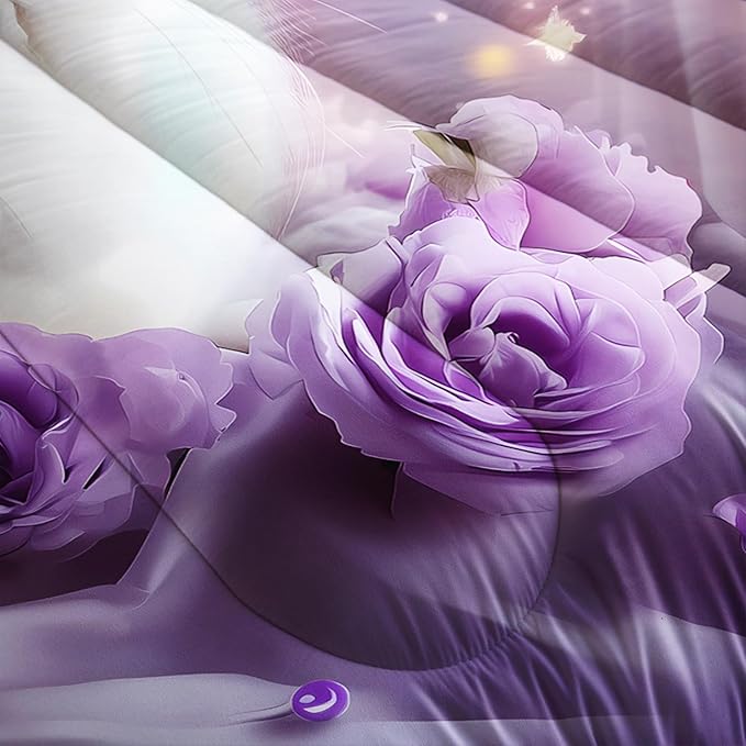 AILONEN Girls Cat Kitten Comforter Set Queen Size,Purple Rose Butterfly Cat Princess Kids Bedding Set,White Cat Comforter with 2 Pillowcases,Beautiful Cat Duvet Set 3 Pieces