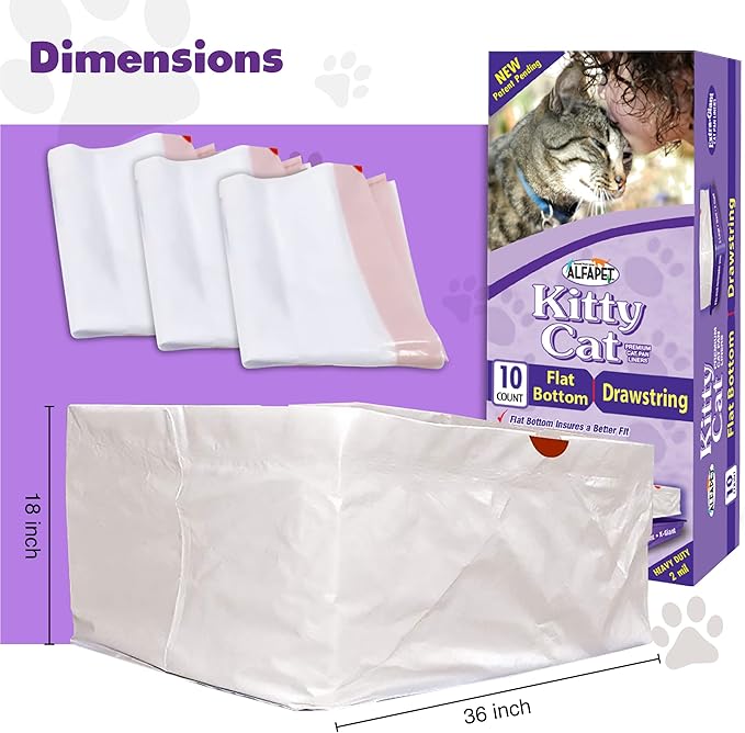 Alfapet Flat Bottom Cat Litter Box Liners, Pack of 20 - Super Heavy Duty Kitty Litter Bags with Drawstring for Poop and Liquid Waste - Jumbo Design for Extra Large Cat Pans