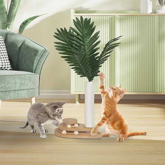 Cat Scratching Post, 23.6" Green Leaves Tall Scratching Post, 2 Layer Cat Ball Track Toy with 4 Removable Balls, Interactive Cat Toy with Natural Sisal Scratch Pole