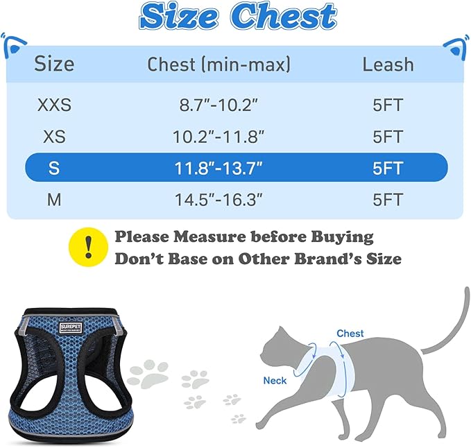 Cat Harness and Leash for Walking Escape Proof, Adjustable Kitten Vest Harness Reflective Soft Mesh Puppy Harness for Outdoor, Comfort Fit, Easy to Control (Blue, S)
