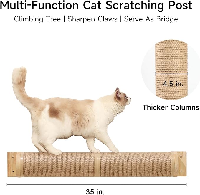 FUKUMARU Cat Scratching Post, 35 x 4.5 Inch Cat Wall Furniture, Rubber Wood Wall Mounted Cat Scratcher Posts for Large Cats, Thicker Columns for Multi-Functions
