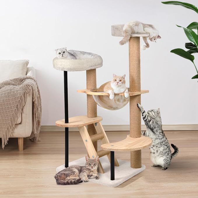 Cat Tree Tower Wood - 40inch Multi-Level Modern Cat Tower with Plush Perch, Cat Box with Large Space Capsule, Platforms, Sisal Scratching Posts, Removable Cushions for Small Cats (Natural)