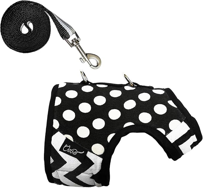 Cat Harness and Leash for Walking Escape Proof, Adjustable Cat Vest Harness, Padded Stylish Cat Walking Jackets, Polka Dot Black, XX-Large