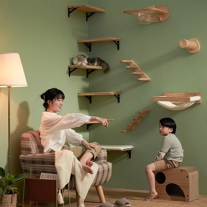 FUKUMARU Cat Wall Shelves, 16 x 10 Inch Cat Wall Furniture with Sisal Mat, Solid Rubber Wood Floating Wall Shelf with Upgraded Installation, Cat Window Perch for Sleeping, Playing and Scratching