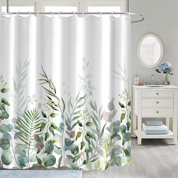 AWERT Shower Curtain Plants for Bathroom,Waterproof Quick-Drying Green Leaves Shower Curtain Set with Hooks 72x84 Inch