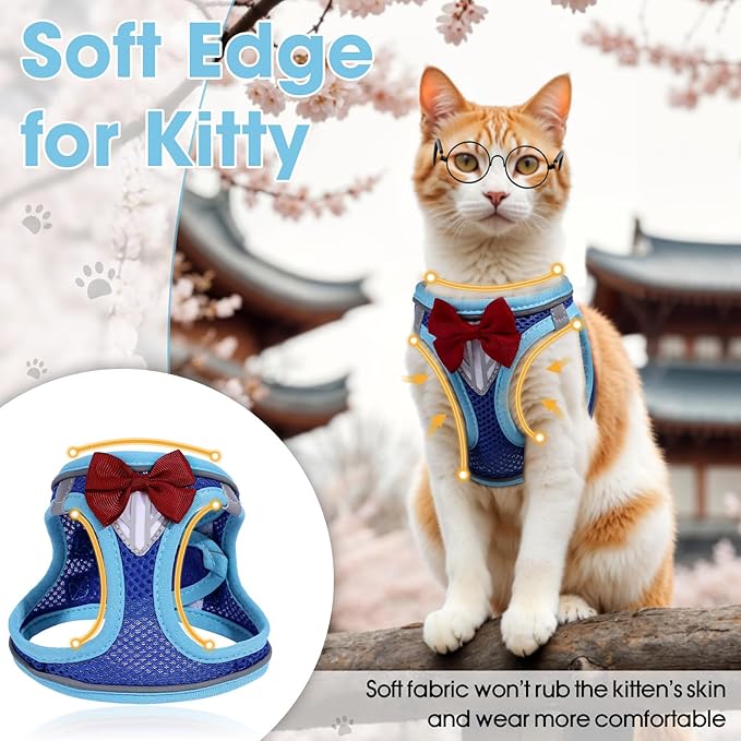 Cat Vest Harness and Leash Set for Walking Escape Proof, Adjustable Kitten Harness Breathable Mesh with Reflective Strips Harness for Kitty Puppy Bunny (Blue, S)