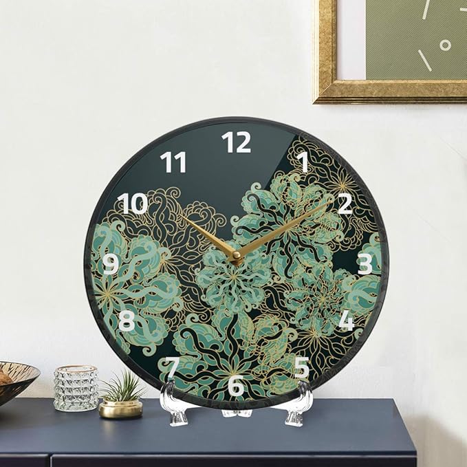 ALAZA Art Nouveau Flower Malachite Green Wall Clock Battery Operated Silent Non Ticking Clocks for Living Room Decor 12 Inch / 9.5 Inch
