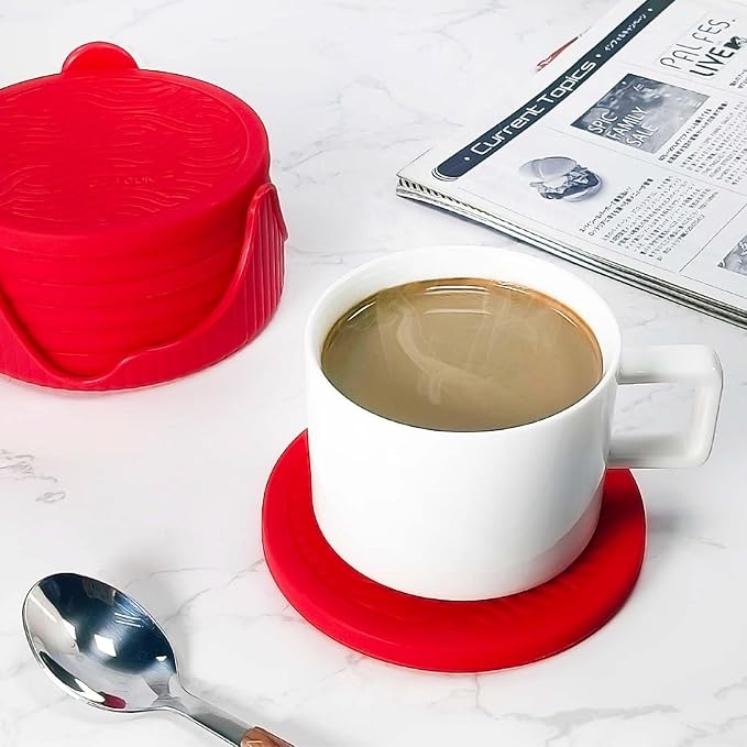 6-Pack Silicone Coasters with Deep Tray Holder, Double-Sided Drink Coasters, Christmas Decorations