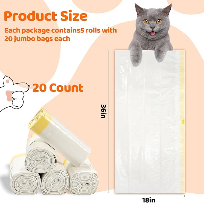 20 Count Litter Box Liners Jumbo 36" x 18" Tear Resistant Cat Litter Bags Liners 2.5MIL Thicken Drawstring Durable Cat Pan Liners Extra Large Kitty Litter Box Bag Disposable Pet litter Bags