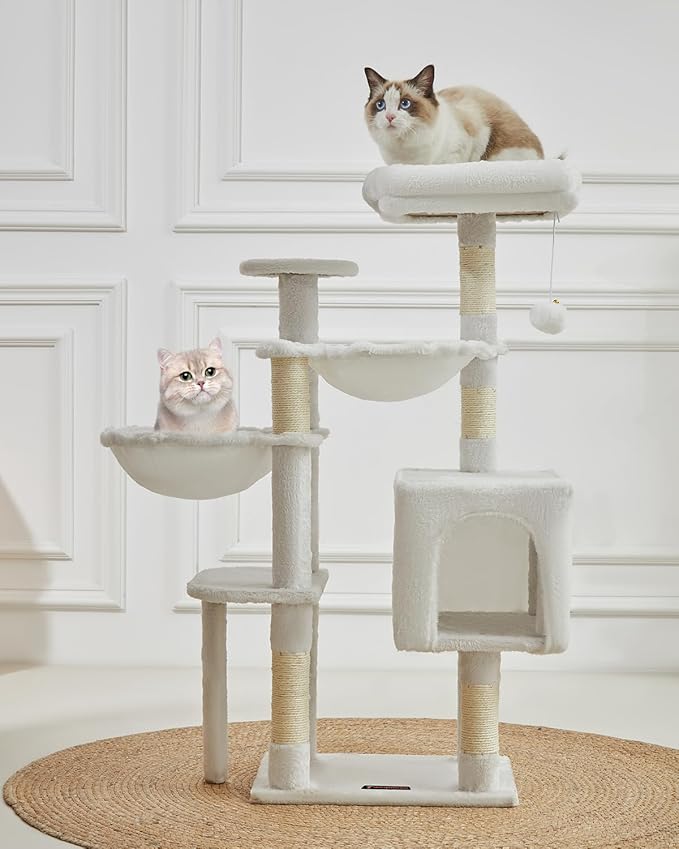 Taoqimiao Cat Tree, 39.4-Inch Cat Tower for Indoor Cats,Suitable for Kittens,Plush Cat Condo with 5 Scratching Posts, Plush Perch,2 Hammock,Pompoms, MS019C Cream White