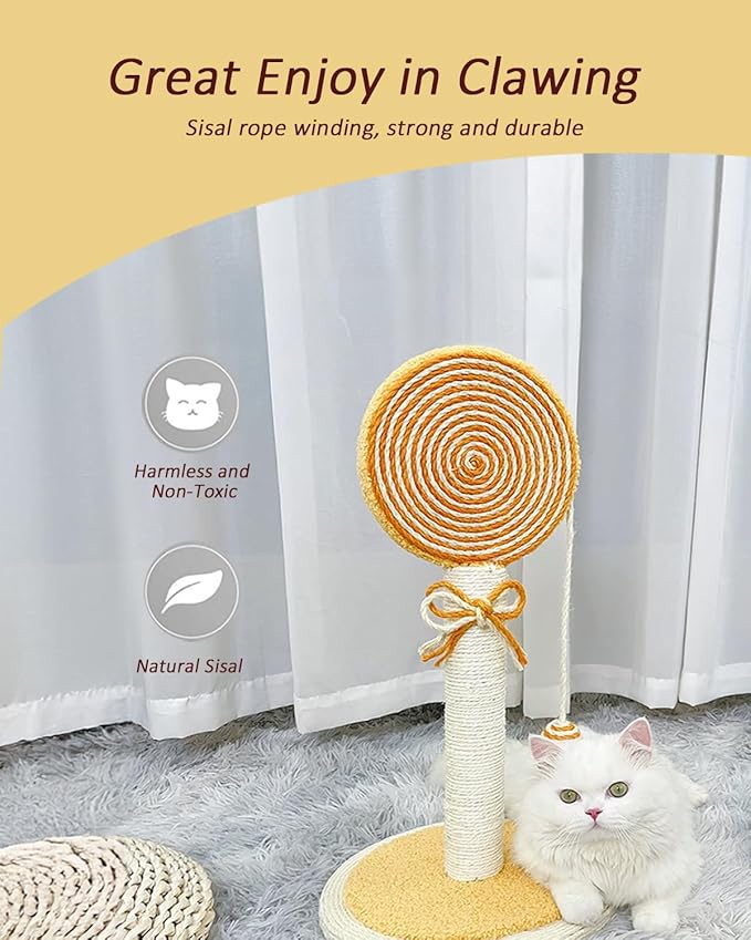 Cat Scratching Post, 22” Cute Kittens Scratch Posts with Hanging Ball, Sturdy Post & Stable Base, Ideal for Indoor Cats, Small & Large Sizes Kitty Available, Orange