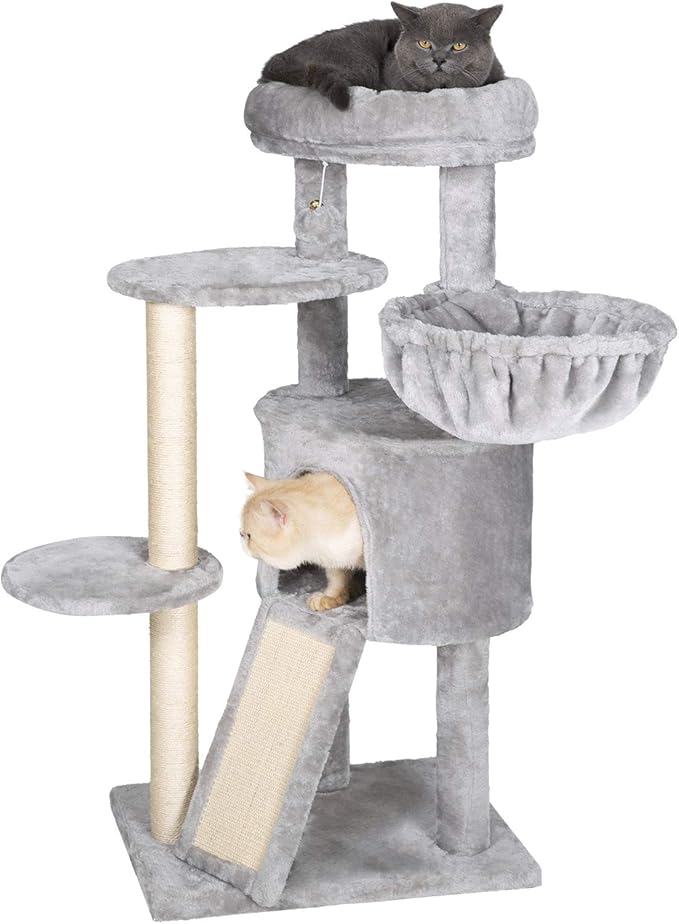 Hey-brother Cat Tree with Scratching Board, Cat Tower with Padded Plush Perch and Cozy Basket, Multi-Platform for Jump, Light Gray MPJ005W