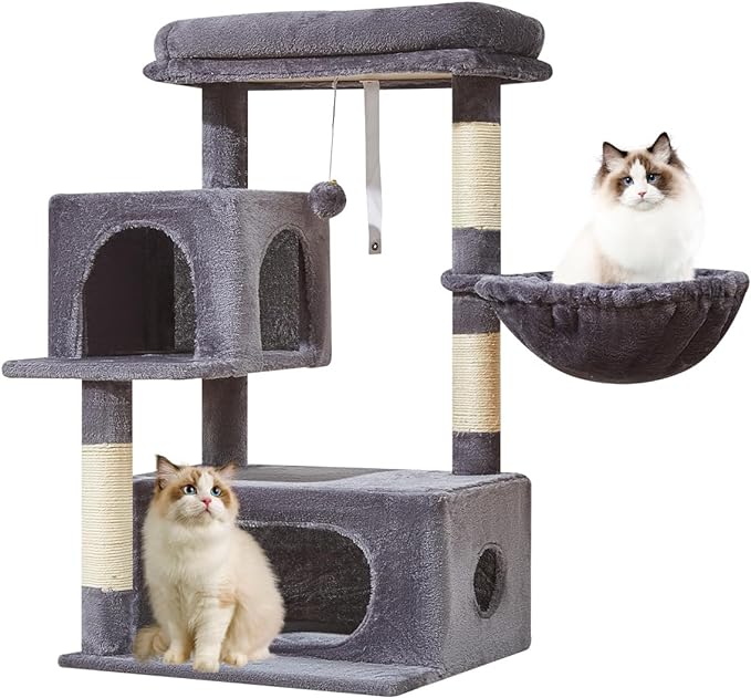 Taoqimiao Cat Tree,37.8-Inch Cat Tower for Indoor Cats,2 Luxurious cat condo with Adjustable Large Hanging Baskets and Large Luxurious Perch Smoky Gray MS029G
