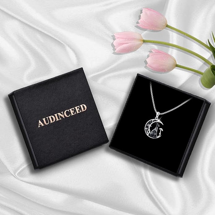 AUDINCCED Black Cat Necklace Turtle Necklace Gothic Jewelry Butterfly Necklace Cat Necklace 925 Sterling Silver Crescent Moon Necklace for Women Cat Gifts for Cat Lovers