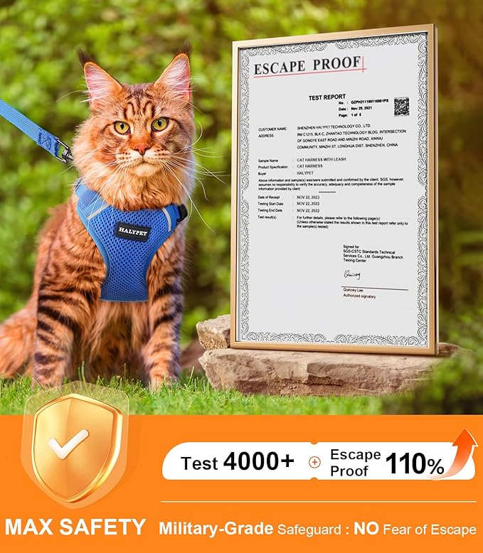 Halypet Cat Harness and Leash Set [ MAX Safety Third Generation ] Escape Proof Soft Adjustable Cat Leash Breathable Comfortable Vest Easy to Wear Kitten Harness for Outdoor Walking