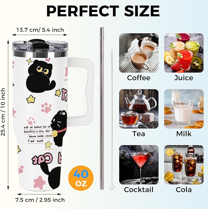 40 oz Tumbler with Handle and Lid, Cat Lover Gift for Women, Stainless Steel Coffee Mug Cat Cup with Handle Christmas Birthday Gift for Mom Wife Girls Insulated Tumbler