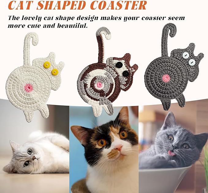 8Pcs Drink Coasters Cute Cat Design Coaster Funny Crochet Mug Coaster, Absorbent Hand Woven Drink Mat for Decoration, Lovers Gifts for Women Drink Cup Non-Slip Heat-Resistant (8Pcs)