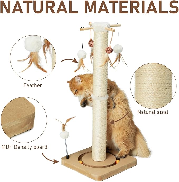 PEEKAB Cat Scratching Post 33 Inches Tall Large Sisal Scratch Post with Track Ball Toys for Indoor Cats and Kittens,Cat Scratcher Toy Beige