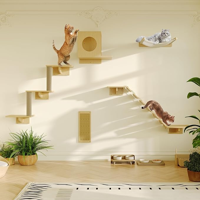 Cat Wall Shelves, Set of 5 Wooden Cat Wall Furniture with Cat Condo, Cat Scratching Post with 3 Steps, Bridge, Cat Hammocks and Scratcher