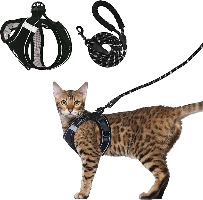 Hepper Cat Harness and Leash Escape Proof Set - Black Tactical Cat Harness with Reflective Safety Strips - Kitten or Cat Vest/Cat Jacket/Cat Walker (L)