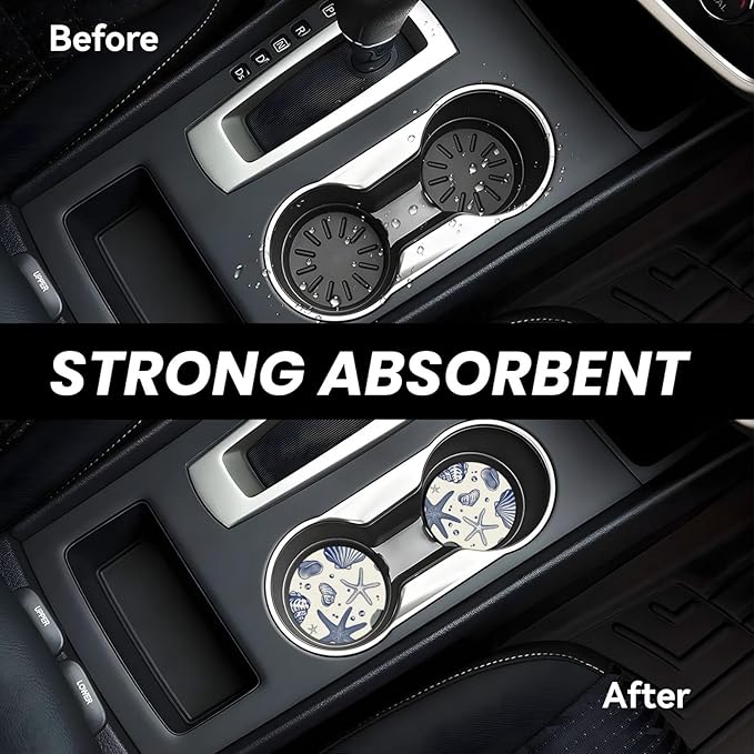 Absorbent Ceramic Car Coasters for Cup Holders, Blue Sea Starfish Shells Design 2.56" Anti Slip Universal Drink Cup Coasters for Women Men (2 Pack)