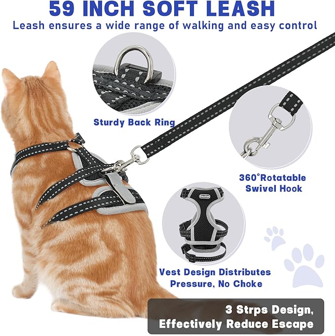 Cat Harness for Walking, Escape Proof Cat Harness and Leash Set with Reflective Strip, Adjustable Cat Leash Breathable Soft Vest for Small to Large Cats, BlackGrey, S