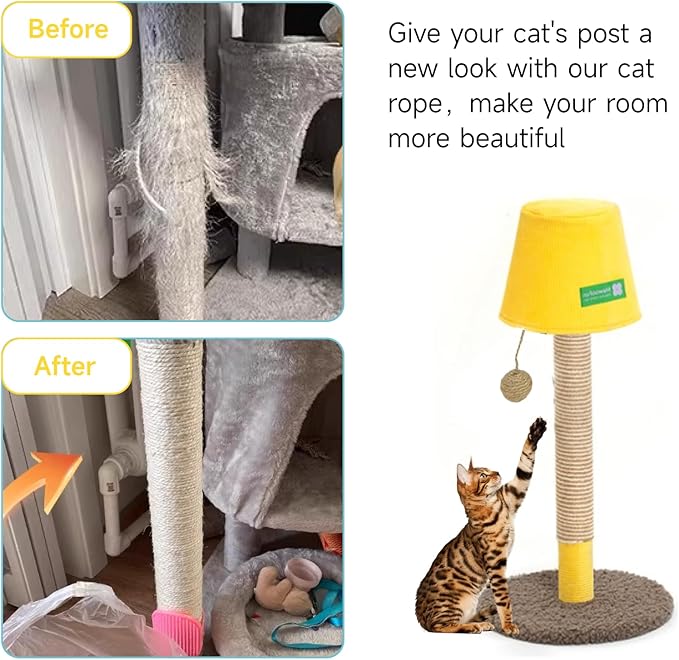 Multicolor Natural Hemp Rope, Cat Scratching Posts Replacement Rope,Repair and Replace Scratching Post cat Tree, 1/4" Rope Cat Scratch Post DIY Jute Twine,Come with a Play Ball(164FT, Yellow)