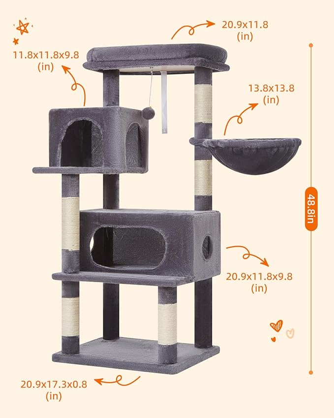 Taoqimiao Cat Tree,48.8-Inch Cat Tower for Indoor Cats,2 Luxurious cat condo with Adjustable Large Hanging Baskets and Large Luxurious Perch Smoky Gray MS029LG