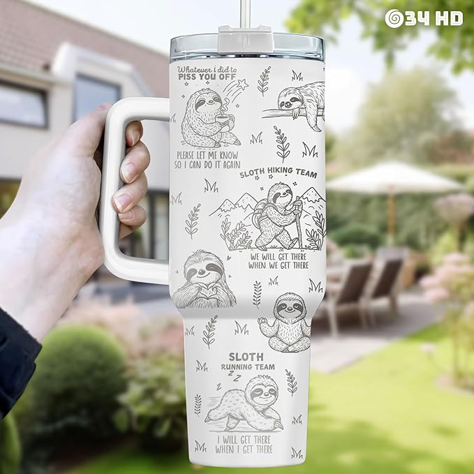 34HD Laser Engraved Sloth Tumbler with Handle and Straw, 40oz Stainless Steel Insulated Travel Coffee Mug, Sloth Gifts for Women, Sloths Lover Gifts