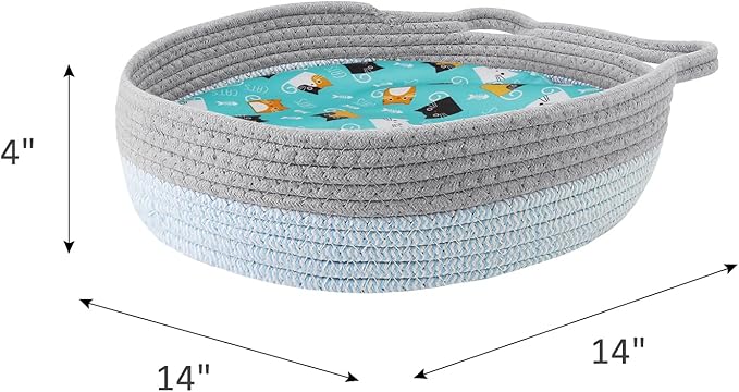 Round Cat Bed for Indoor Cats, Cat Basket Bed, Wicker Cat Donut Beds, Cooling Cat Nest for Summer Sleeping, Washable Pet Pad for Cat Scratching, Blue Grey